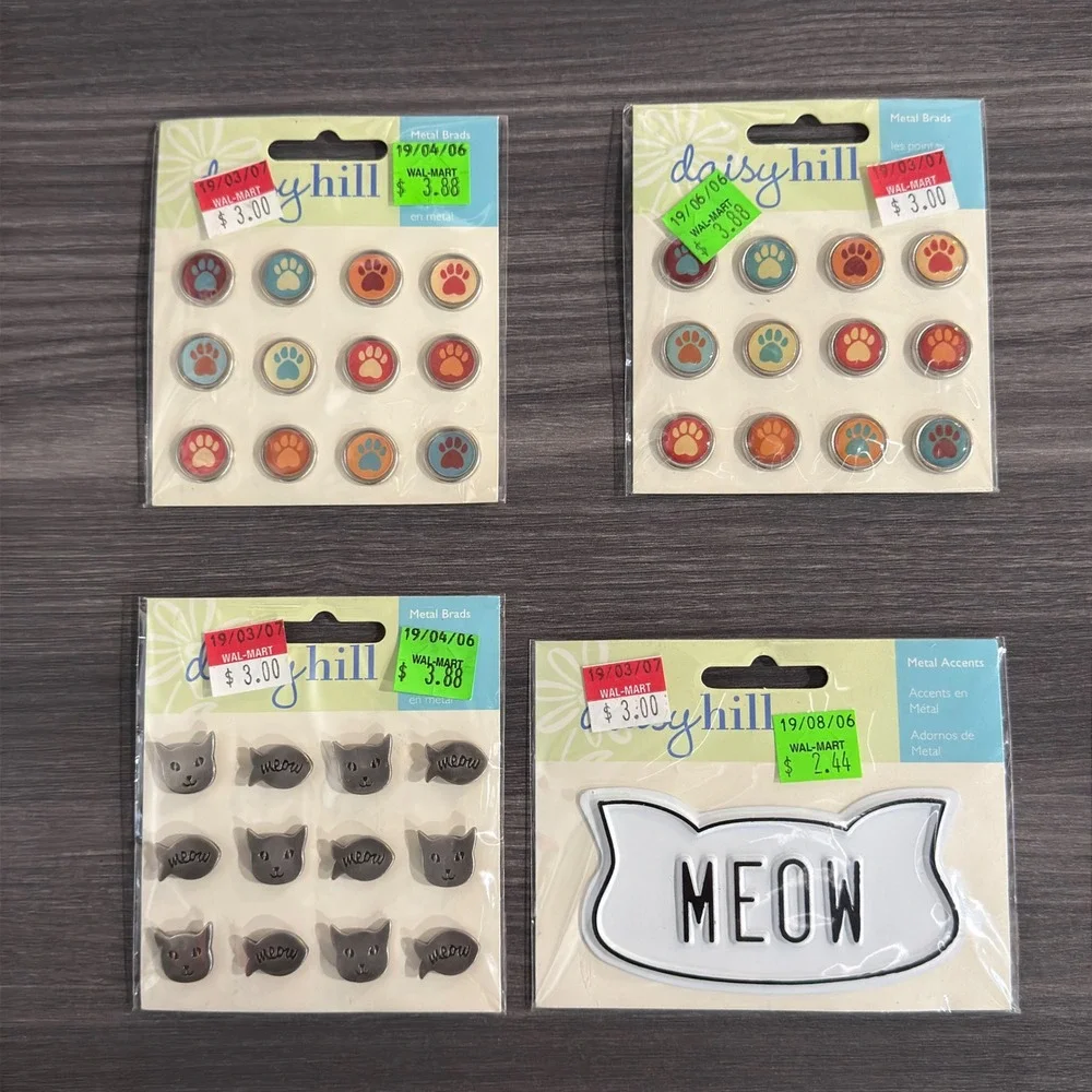 Daisy Hill Cats Meow Scrapbook Lot Stickers Paper Pad Brads Metal Accents 25+pcs
